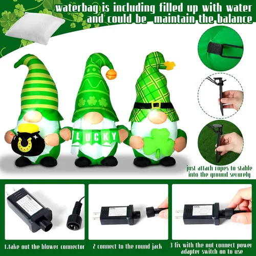 Vista 7 de Sosation Decoraciones inflables para el día de San Patricio de 6 pies con luces LED, gnomos, duende, trébol, para patio, porche, fiesta