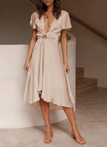 Vista 5 de miduo - Vestido largo de satén con cuello en V, volantes, manga corta, lazo frontal, cintura alta, longitud por debajo de la rodilla y acampanado