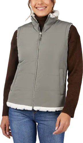 Vista 7 de Free Country Chaleco reversible acolchado de forro polar sherpa ligero con bolsillos con cremallera, chaleco de invierno para damas, aventura