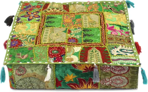 Vista 17 de CRAFT KALA Funda de Puf Tradicional de Retazos Cuadrada India Pufs de Sala de Estar India Otomana de Diseñador Bordada Decorativa Hogar Vida Rosa