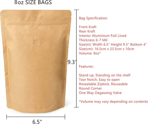 Vista 2 de 50 unidades de papel kraft natural de alta barrera con cremallera bolsa de café con válvula de desgasificación unidireccional