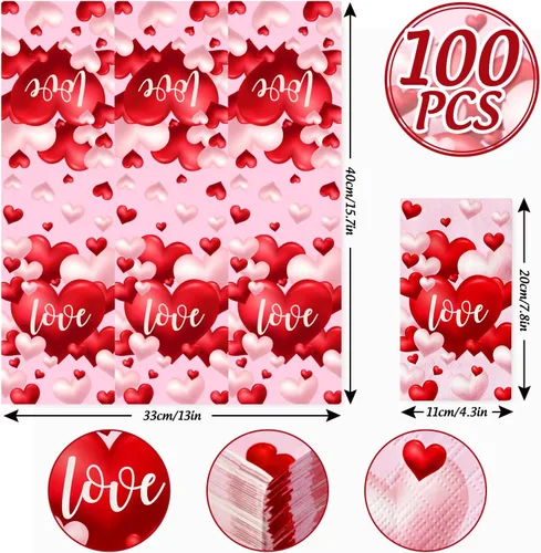 Vista 2 de AnyDesign - Paquete de 100 servilletas de papel desechables para el día de San Valentín, color rojo, rosa, corazón, globo, servilletas de papel