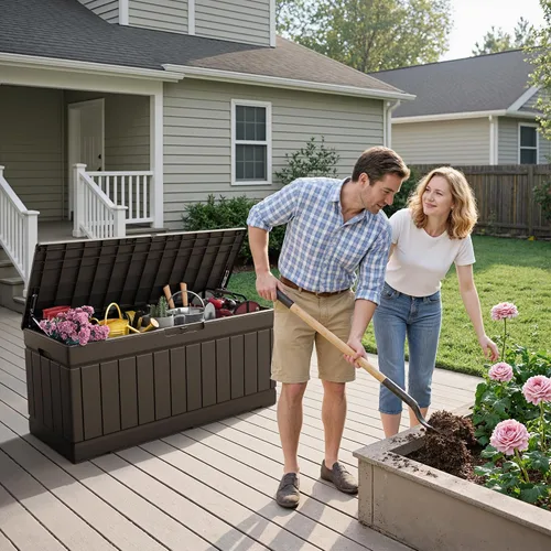 Vista 2 de Flamaker Outdoor Storage Box 80 Gallon Resin Waterproof Deck Box Marrón profundo