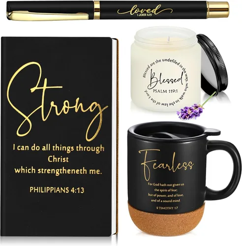 Vista 7 de Hushee 4 piezas de regalos cristianos para hombres, taza de café del hombre de Dios, diario de oración, vela perfumada, bolígrafo bíblico, regalos