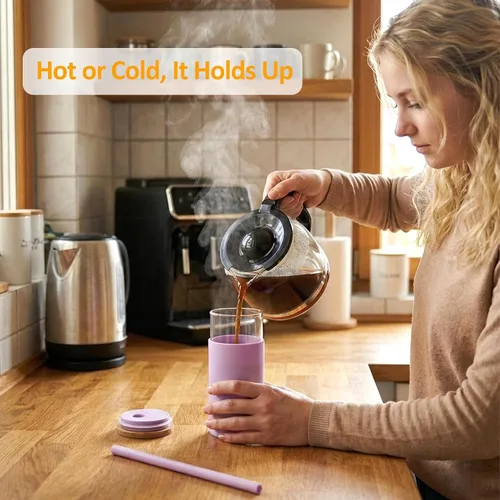 Vista 8 de Tronco Vaso de vidrio de 20 onzas con tapa y popote, taza de café helado y vaso para batido con tapas de bambú y funda protectora de silicona, apto