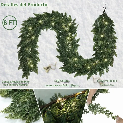 Vista 8 de Guirnalda de Navidad realista con luces, 8 modos de iluminación, 6 pies, tacto real, exuberante, guirnalda artificial de cedro preiluminada