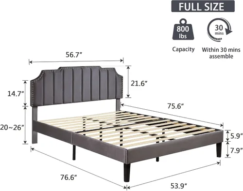Vista 2 de VECELO Base de cama tapizada de tamaño matrimonial con cabecera ajustable copetuda, base de colchón, soporte de listones de madera, fácil montaje