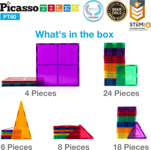 Vista 6 de PicassoTiles Paquete de 60 azulejos magnéticos + estuche de transporte: juego educativo STEAM para niños, incluye organizador de almacenamiento