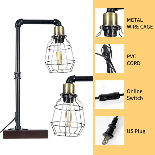 Vista 3 de CONCA Lámpara de mesa Steampunk, base E26, iluminación rústica Edison, lámpara de mesa con pantalla enjaulada (A-Negro+Bronce)