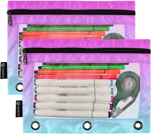 Vista 2 de Estuche para lápices personalizado degradado morado para 3 anillas, bolsa de lápices personalizada con cremallera, estuche transparente