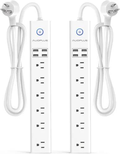 Vista 9 de Paquete de 2 cables de extensión de 6 pies de largo con protección contra sobretensiones de enchufe plano 6 Outlets 4 USB Ports, Power Strips with