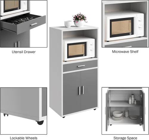 Vista 3 de Lavish Home - Soporte para microondas con cajón, armario de almacenamiento con puertas y ruedas de bloqueo, almacenamiento independiente de cocina