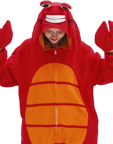 Vista 3 de Crab Onesie Adult Red Crab Pajamas Animal Pajamas Halloween Cosplay Costume Polar Fleece Sleepwear Homewear