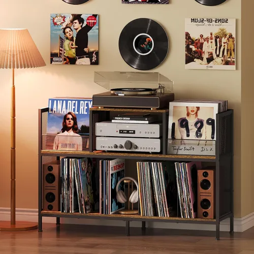 Vista 8 de Sonyabecca 3-Tier Record Player Stand with Adjustable Vinyl Storage, Black Vinyl Record Storage Up to 350 Albums, 4 Adjustable Dividers, Large
