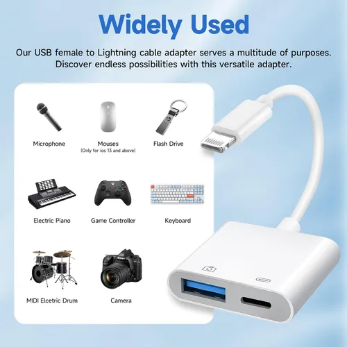 Vista 2 de [Certificado MFi de Apple] Adaptador de cámara Lightning a USB con puerto de carga, cable OTG portátil USB3.0 hembra para iPad para conectar lector