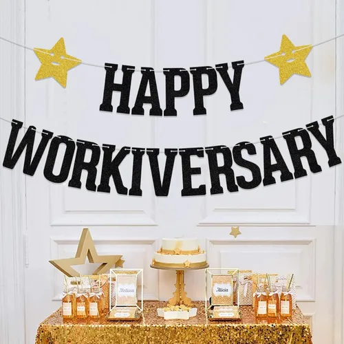 Vista 5 de Cartel con texto en inglés «Happy Workiversary», decoración de fiesta de aniversario de trabajo, oficina, aniversario, fiesta, suministros de Negro