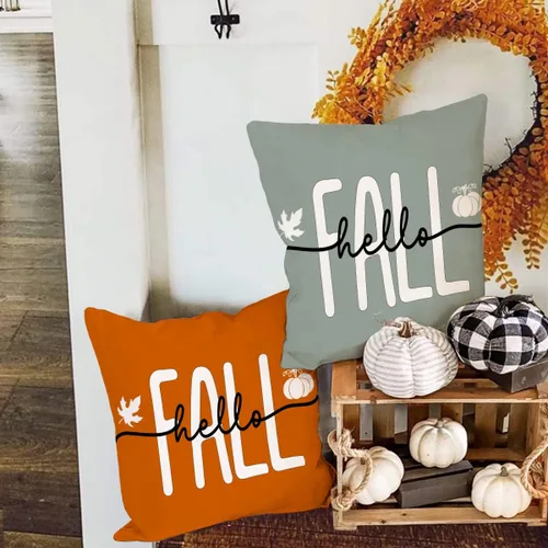 Vista 4 de Fundas de almohada de 18 x 18 pulgadas con texto en inglés "Hello Fall", decoraciones de otoño con texto en inglés "Hello Pumpkin", fundas