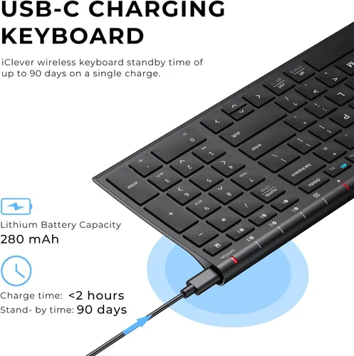 Vista 4 de iClever BK10 Teclado Bluetooth, Teclado Inalámbrico Universal Bluetooth 5.1 con Teclado Numérico, Diseño Ergonómico, Compatibilidad con Múltiples