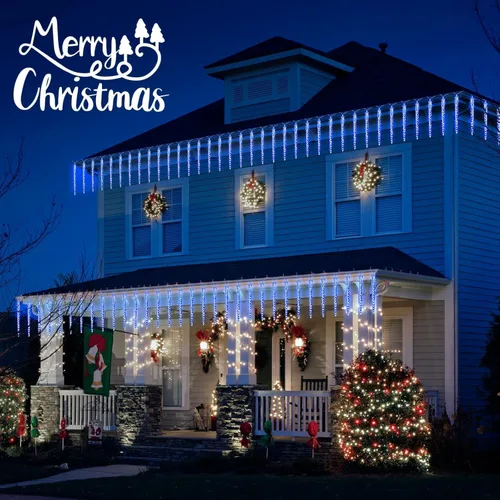 Vista 2 de Brightown Luces de carámbano de lluvia de meteoritos de Navidad para exteriores, 30 pies con 30 tubos 720 LED efecto de caída, decoraciones Azul