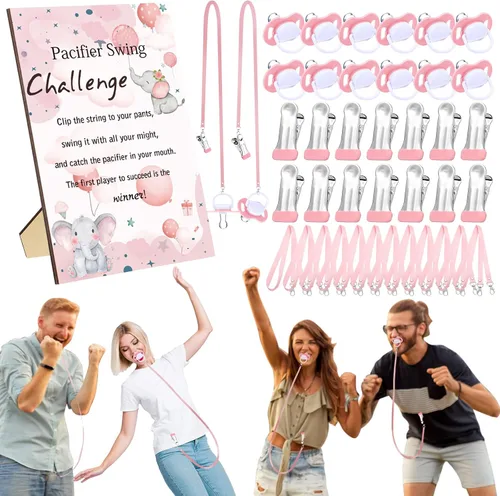 Vista 8 de Geelin Juego de 12 juegos de chupete con columpio para baby shower, juegos divertidos de revelación de género, incluye 1 letrero de madera y 12