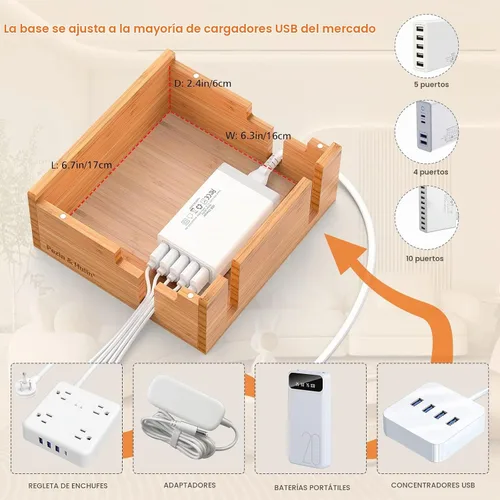 Vista 5 de Estación de carga de bambú Pezin & Hulin para múltiples dispositivos incluye cargador USB de 5 puertos, 5 cables, organizador de escritorio