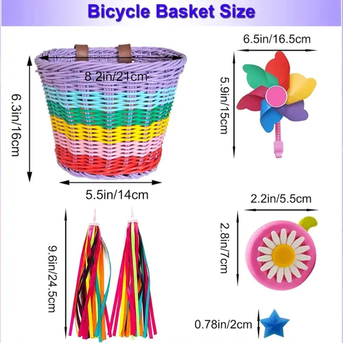 Vista 5 de Cesta de bicicleta para niñas, cesta de bicicleta ajustable para manillar delantero con serpentinas de bicicleta, juego de campana/molino de viento
