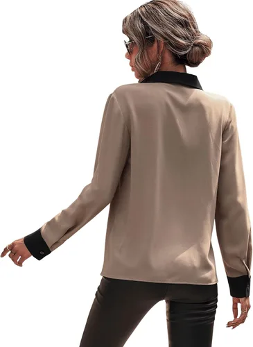 Vista 2 de OYOANGLE Blusa de manga larga con cuello en V y bloque de color para mujer