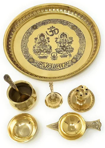 Vista 4 de NOBILITY Ganesha Lakshmi - Juego de latón de 8 pulgadas, diseño Subh Labh Puja Thali para Diwali Ganesh Festival Home Office Mandir boda regreso