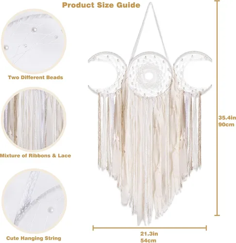Vista 5 de ANROYE Colgante de Pared de Macramé Blanco de Triple Luna de la Diosa, Atrapasueños de Media Luna Boho, Atrapasueños Bohemio para Dormitorio