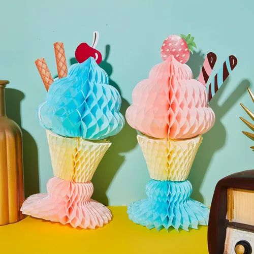 Vista 4 de Outus Centro de mesa de helado de panal de abeja de 4 piezas, centro de mesa de helado, decoraciones de fiesta para verano, cumpleaños, suministros