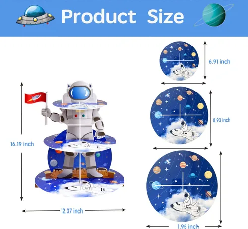 Vista 7 de Soporte de astronauta espacial para cupcakes, decoración de fiesta de cumpleaños con temática espacial, 3 niveles, soporte de cartón para cupcakes