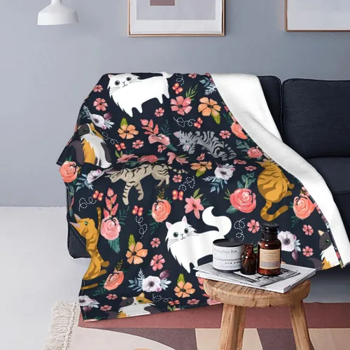 Vista 9 de Manta de flores de gato, suave, cálida, ligera, acogedora manta de felpa para cama, sofá, oficina, decoración de regalos para niños y mujeres, 50 x
