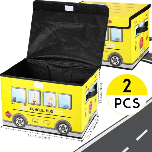 Vista 2 de Sweetude Caja del tesoro de autobús escolar de 2 piezas para el aula, caja plegable de almacenamiento de juguetes con tapa, organizador de tesoros