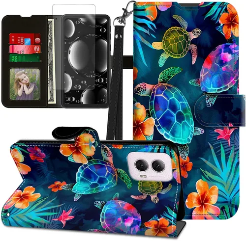 Vista 396 de Funda para Motorola Edge 2022 con protector de pantalla, soporte y tarjetero y correa para la muñeca, funda magnética para Moto Edge 2022 5G UW Lobo