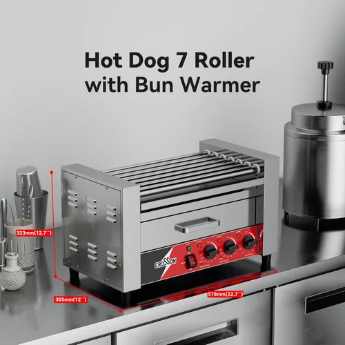 Vista 6 de CROSSON Hot Dog 7 Rodillos con Calentador de Pan, Máquina Comercial de Cocina con Asador Giratorio Antiadherente 7 en 304, Parrilla Eléctrica