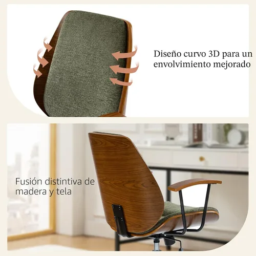 Vista 7 de HULALA HOME Silla de oficina de madera maciza con función de balanceo, silla de escritorio cómoda de tela con base de madera curvada y metal, silla
