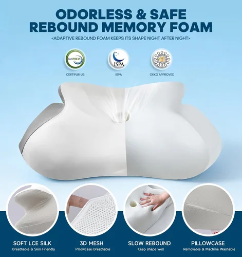 Vista 12 de Almohada de apoyo para el cuello para dormir, almohadas de espuma viscoelástica de contorno para dolor de cuello, almohada cervical ortopédica