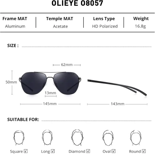 Vista 2 de Gafas de sol polarizadas unisex de OLIEYE para hombres mujeres gafas de sol de conducción ligero marco de metal clásico estilo retro diseñador