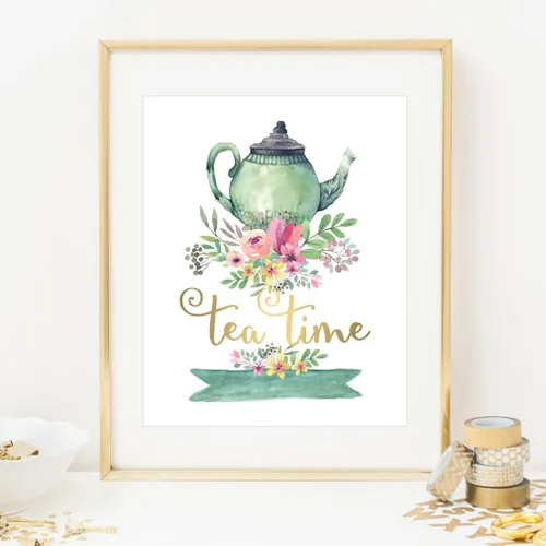 Vista 3 de Eleville 8X10 Tea time - Lámina de oro real y acuarela floral (sin marco), arte de cocina, decoración del hogar, arte motivacional, impresión