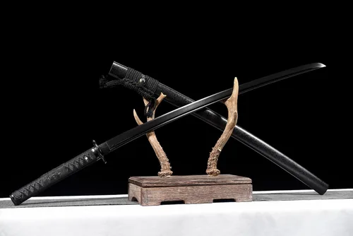 Vista 3 de Espada Katana samurái japonesa negra de 41 pulgadas, acero plegado de Damasco funcional