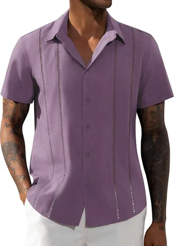 Vista 14 de Camisa de manga corta de lino para hombre de DEMEANOR, camisa guayabera cubana con botones, camisa casual de verano para la playa, la vacación