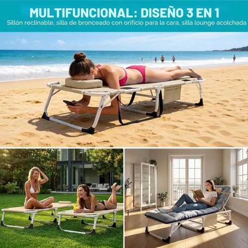 Vista 4 de ABORON - Silla de bronceado 3 en 1 extragrande con tapete y reposabrazos, tumbonas plegables resistentes, 5 posiciones para exteriores, para playa