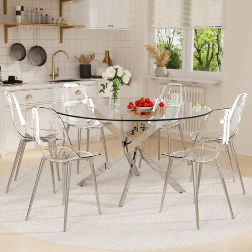 Vista 9 de Juego de mesa de comedor de cristal redondo transparente para 4, juego de mesa de cocina circular de 5 piezas, juego de mesa de comedor circular