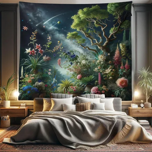 Vista 119 de Ambesonne Tapiz verde, fases lunares alrededor de un árbol de la vida, impresión de diseño bohemio de astrología nocturna, decoración de tela