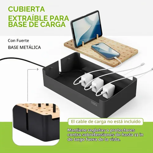 Vista 6 de Prosumer's Choice Organizador de estación de carga de madera negra para múltiples dispositivos, caja de organización de cables con 5 ranuras y Metal