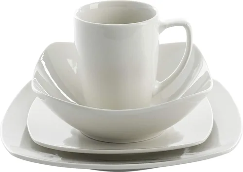 Vista 3 de Gibson Home 102539.16RM - Juego de vajilla cuadrada de porcelana clásica de 16 piezas con platos, cuencos y tazas de varios tamaños, color blanco