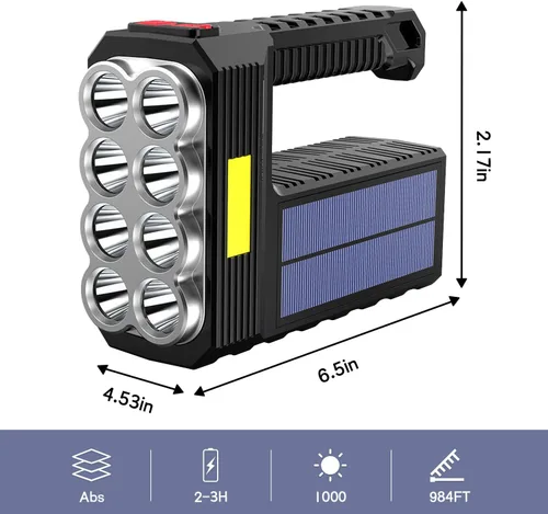 Vista 2 de Linterna Solar de 8 LED con Luz Lateral COB, 1000 Lúmenes Linternas Alimentadas por Energía Solar, Linternas de Mano Impermeables con Carga Solar
