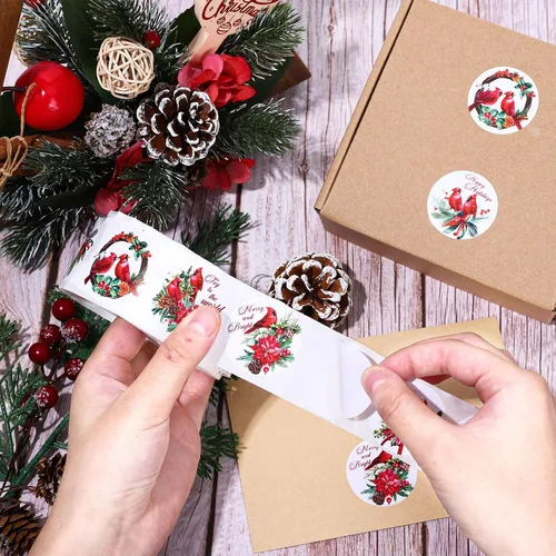 Vista 3 de Whaline 1000 calcomanías de Feliz Navidad, 8 diseños, calcomanías de pájaro rojo cardenal, calcomanías decorativas de Navidad, calcomanías