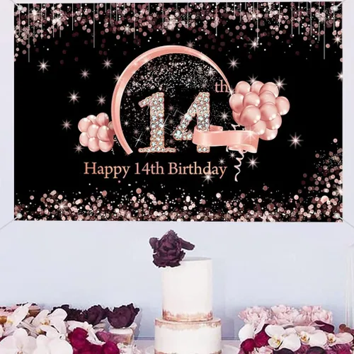 Vista 3 de Cartel de tela para decoración de cumpleaños número 14 para niñas de 14 años, cartel de tela para fiesta de cumpleaños de niña, fondo fotográfico