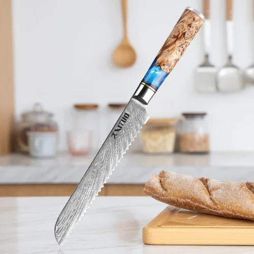 Vista 8 de XITUO VG10 Juego de cuchillos de chef japoneses de acero Damasco de 4 piezas, resina azul y mango de madera, cuchillo de chef de 8 pulgadas